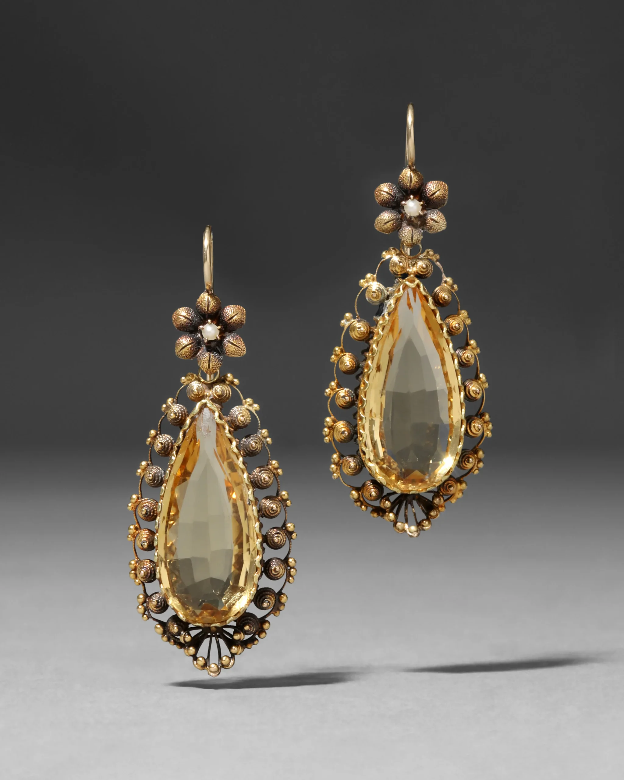 Antique 1850s 14k Gold with Citrine & Pearl Drop Earring