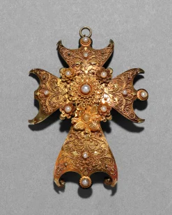 Antique 1800s 18k Gold with Tortoise & Pearl Gold Cross Pin