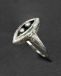 Antique 1910s 14k White Gold with Diamond, Emerald & Onyx Marquis Ring