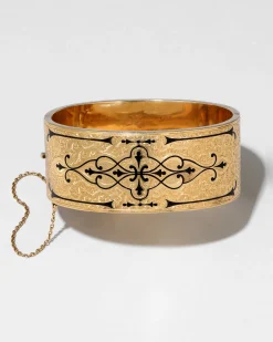Antique Victorian 14k Gold & Enamel Hand Etched Hinge Bracelet