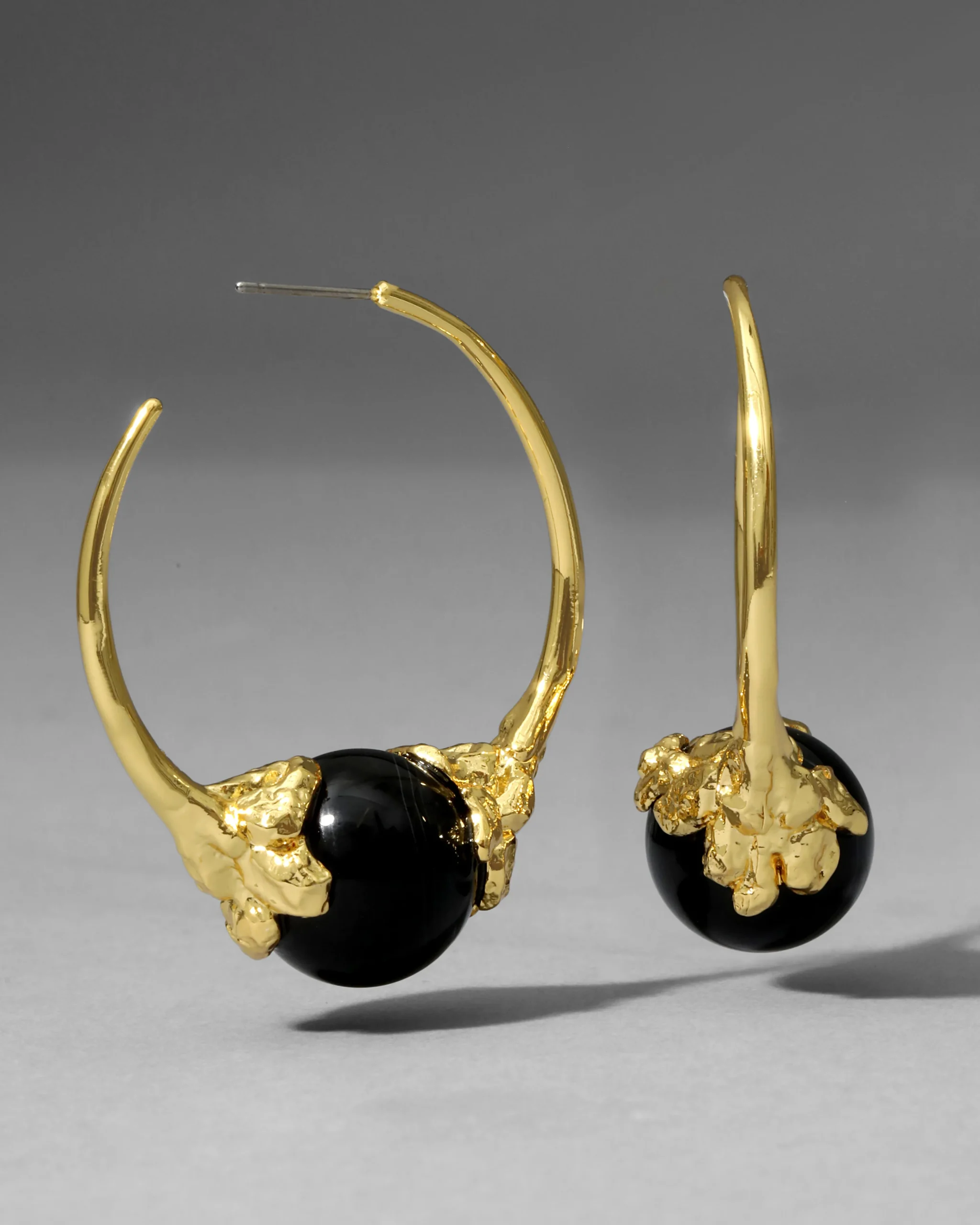 Brut Gold Capped Black Agate Hoop Earring