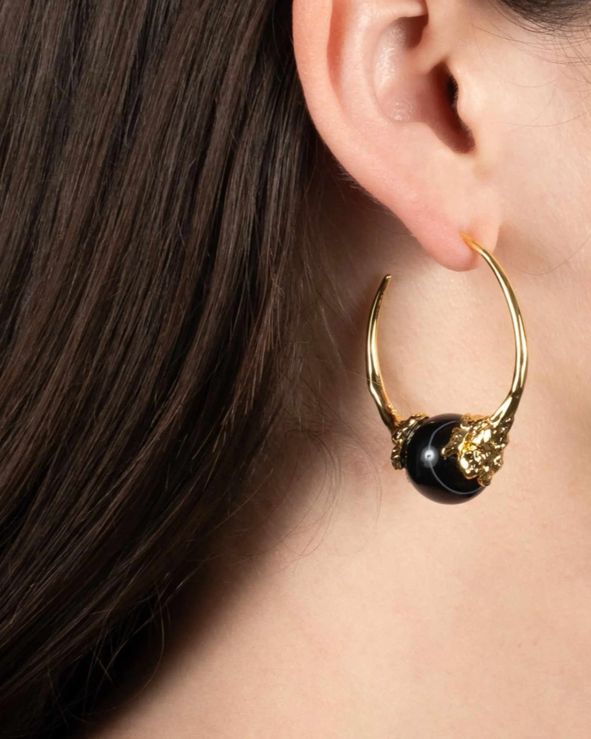 Brut Gold Capped Black Agate Hoop Earring