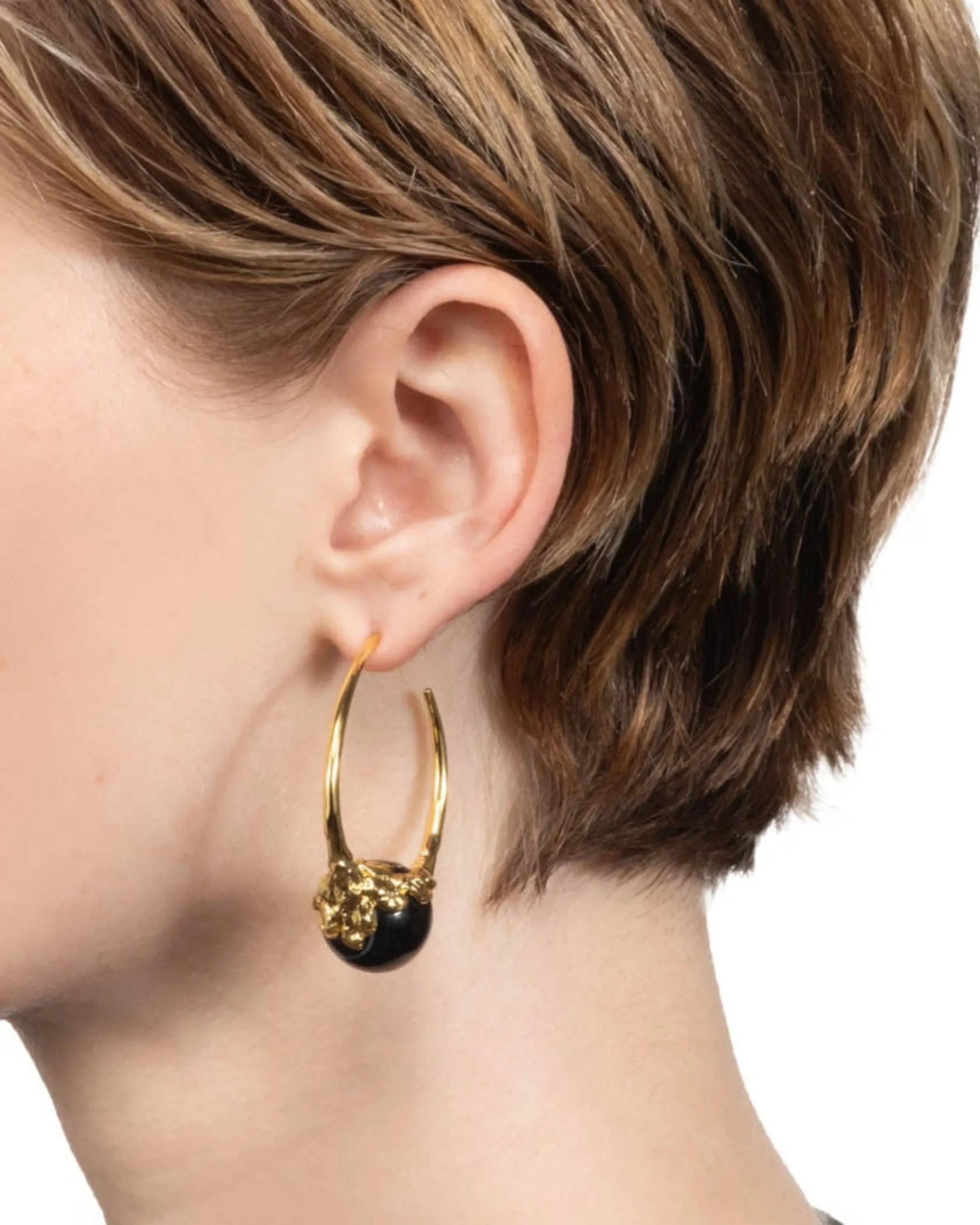 Brut Gold Capped Black Agate Hoop Earring
