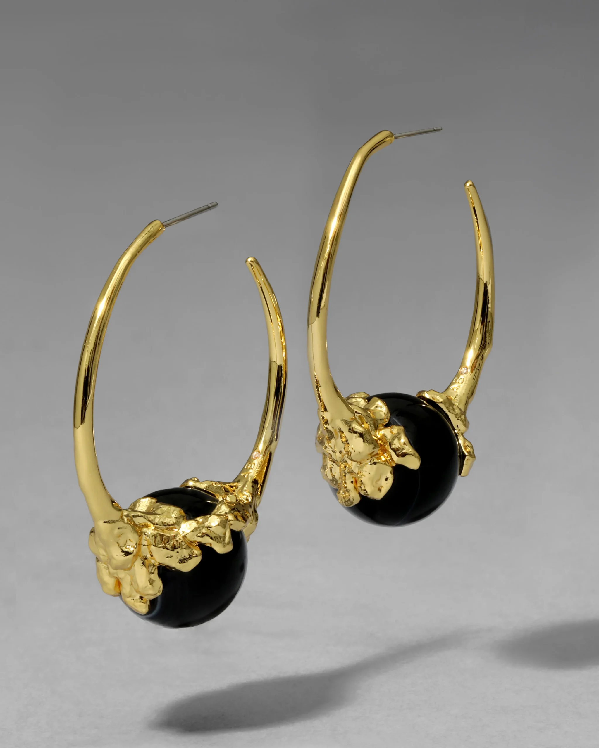 Brut Gold Capped Black Agate Hoop Earring