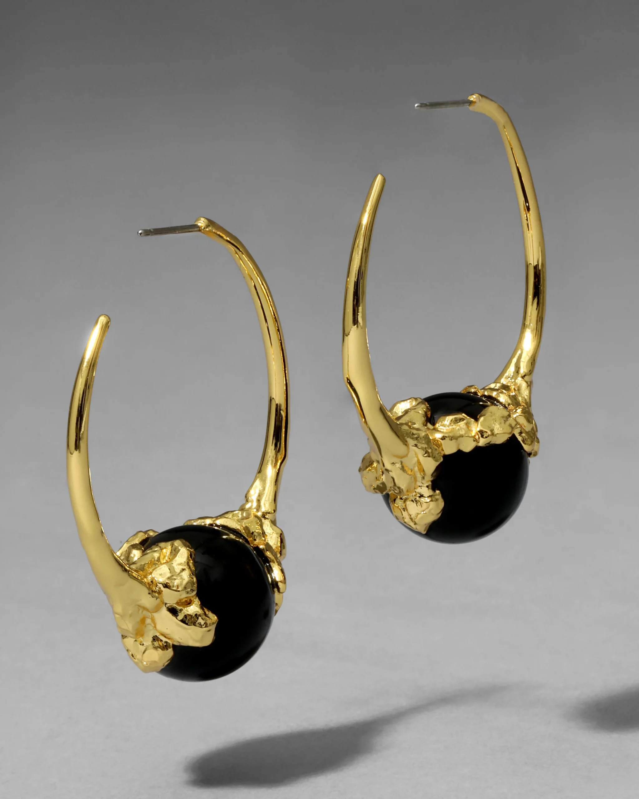 Brut Gold Capped Black Agate Hoop Earring