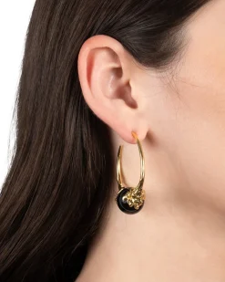 Brut Gold Capped Black Agate Hoop Earring