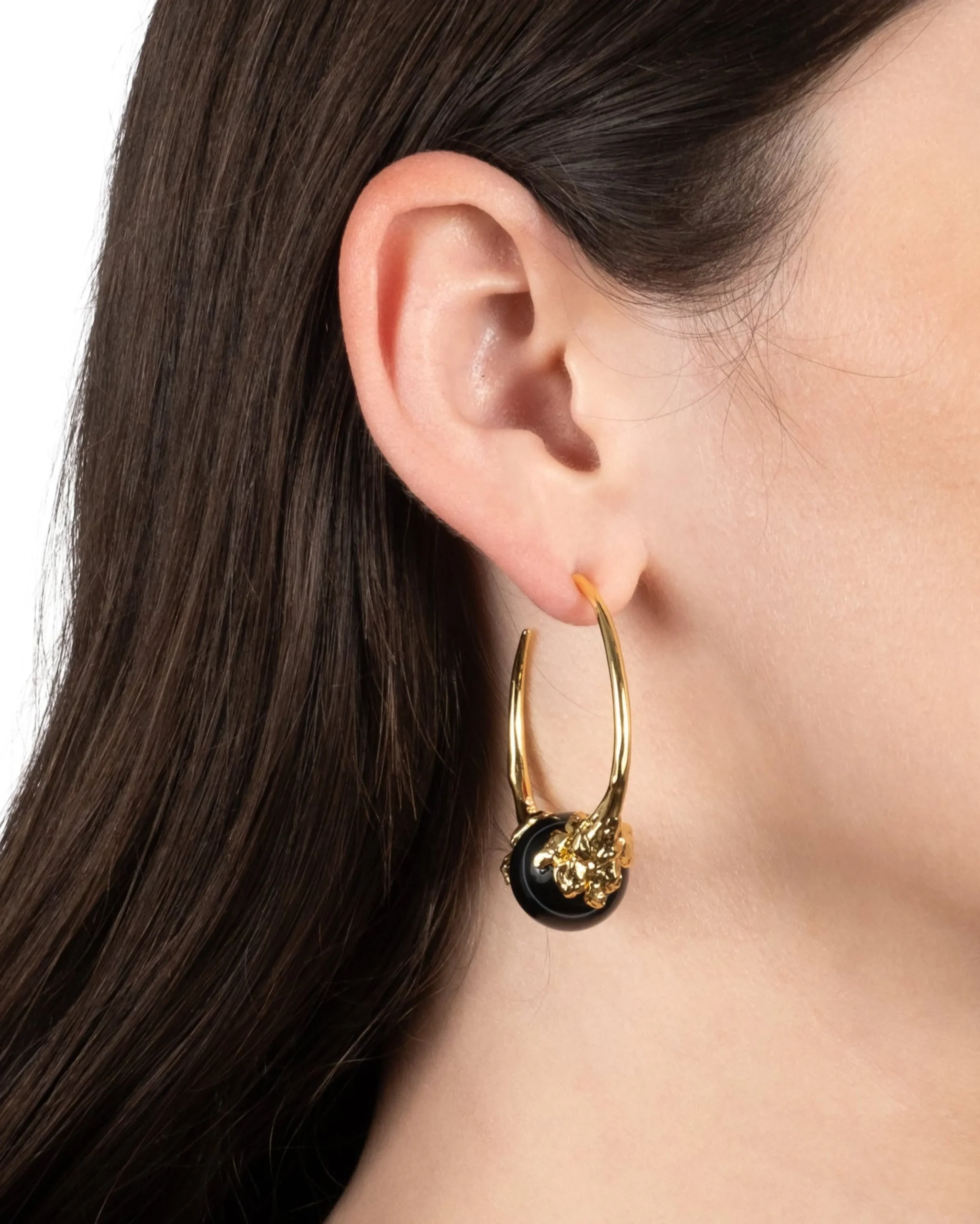 Brut Gold Capped Black Agate Hoop Earring