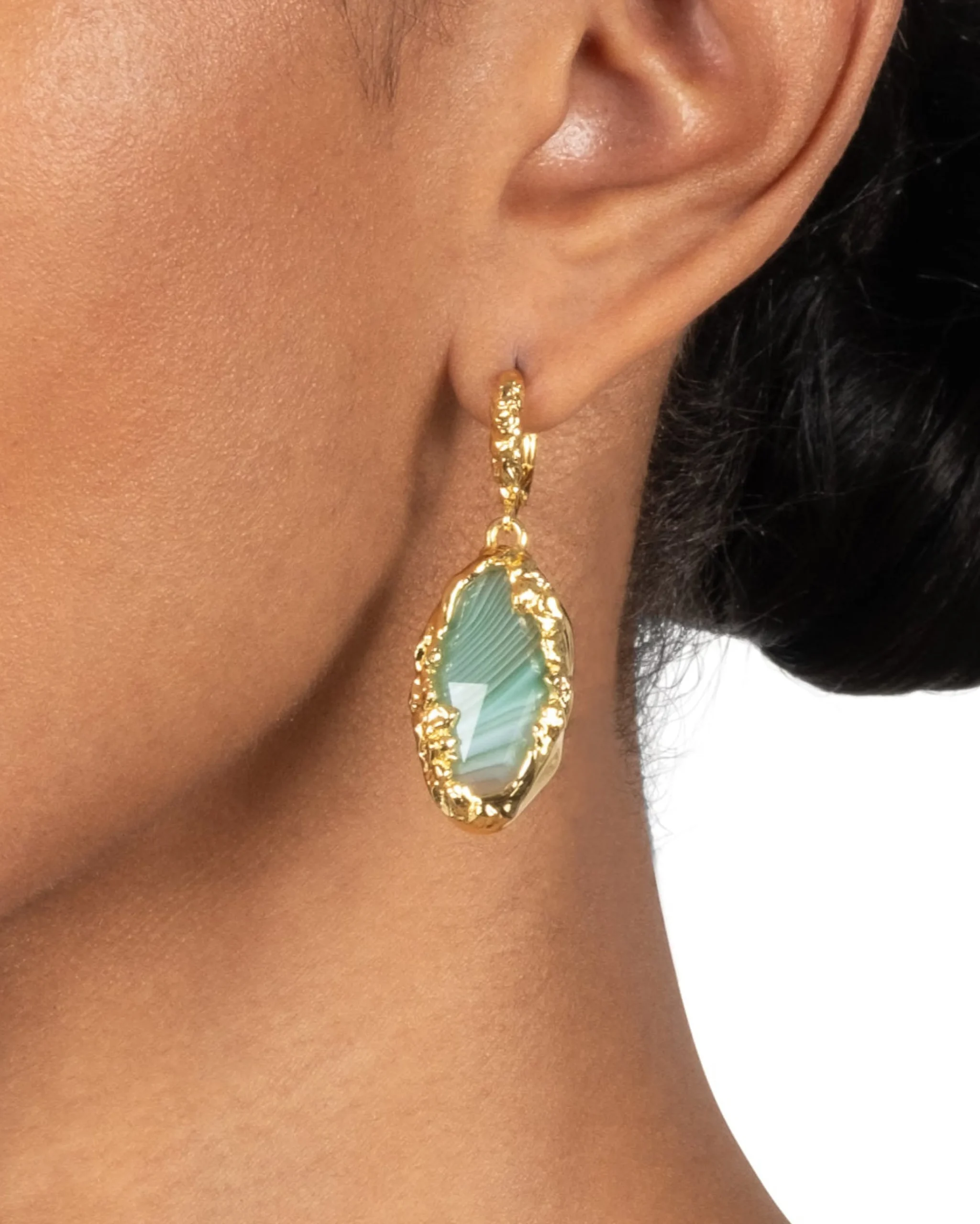 Brut Gold Green Agate Leverback Earring