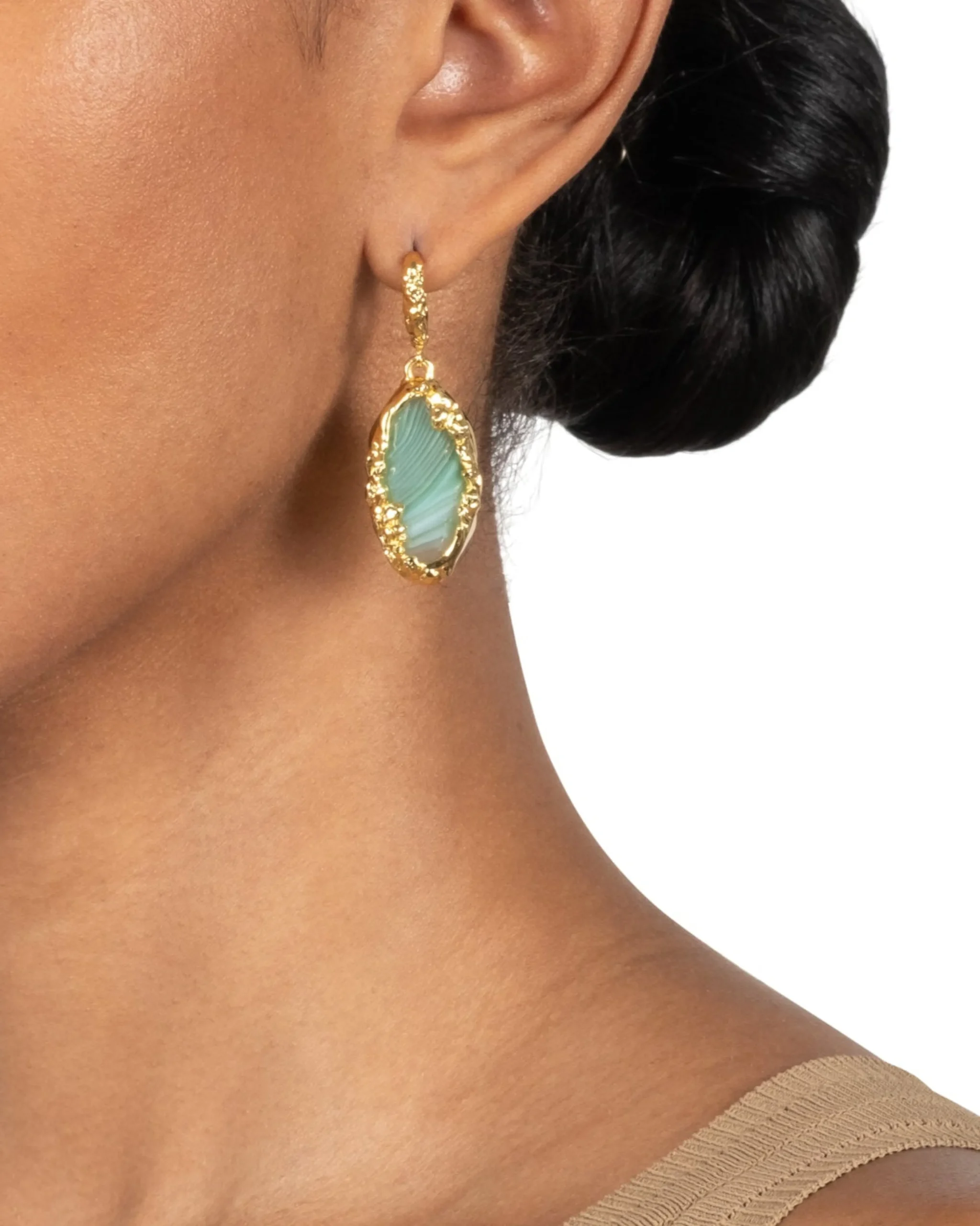 Brut Gold Green Agate Leverback Earring