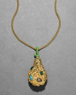 Brut Gold Jewel Studded Pear Pendant Necklace