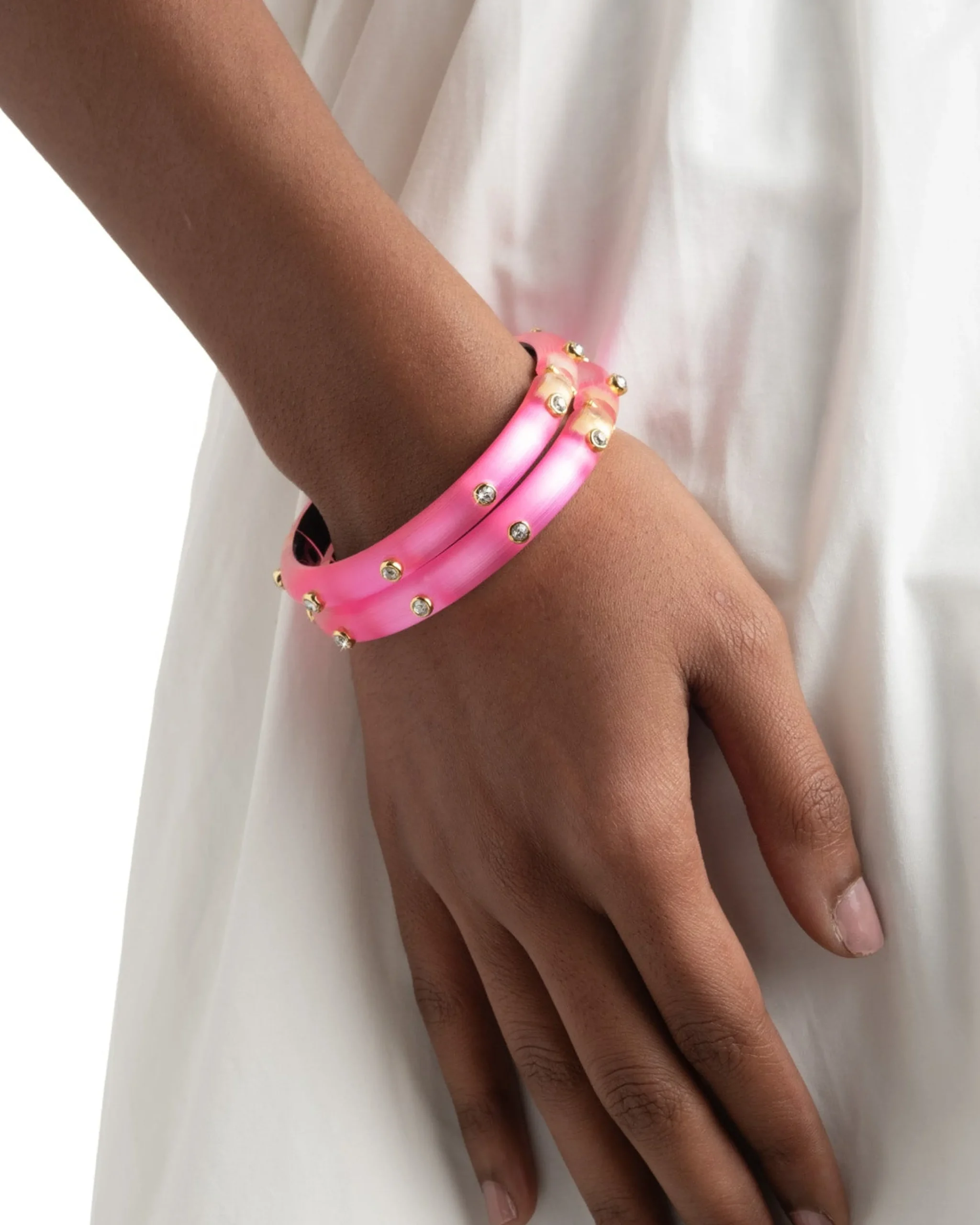 Crystal Studded Lucite Hinge Bracelet - Neon Pink