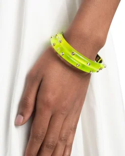 Crystal Studded Lucite Hinge Bracelet- Fluorescent Yellow