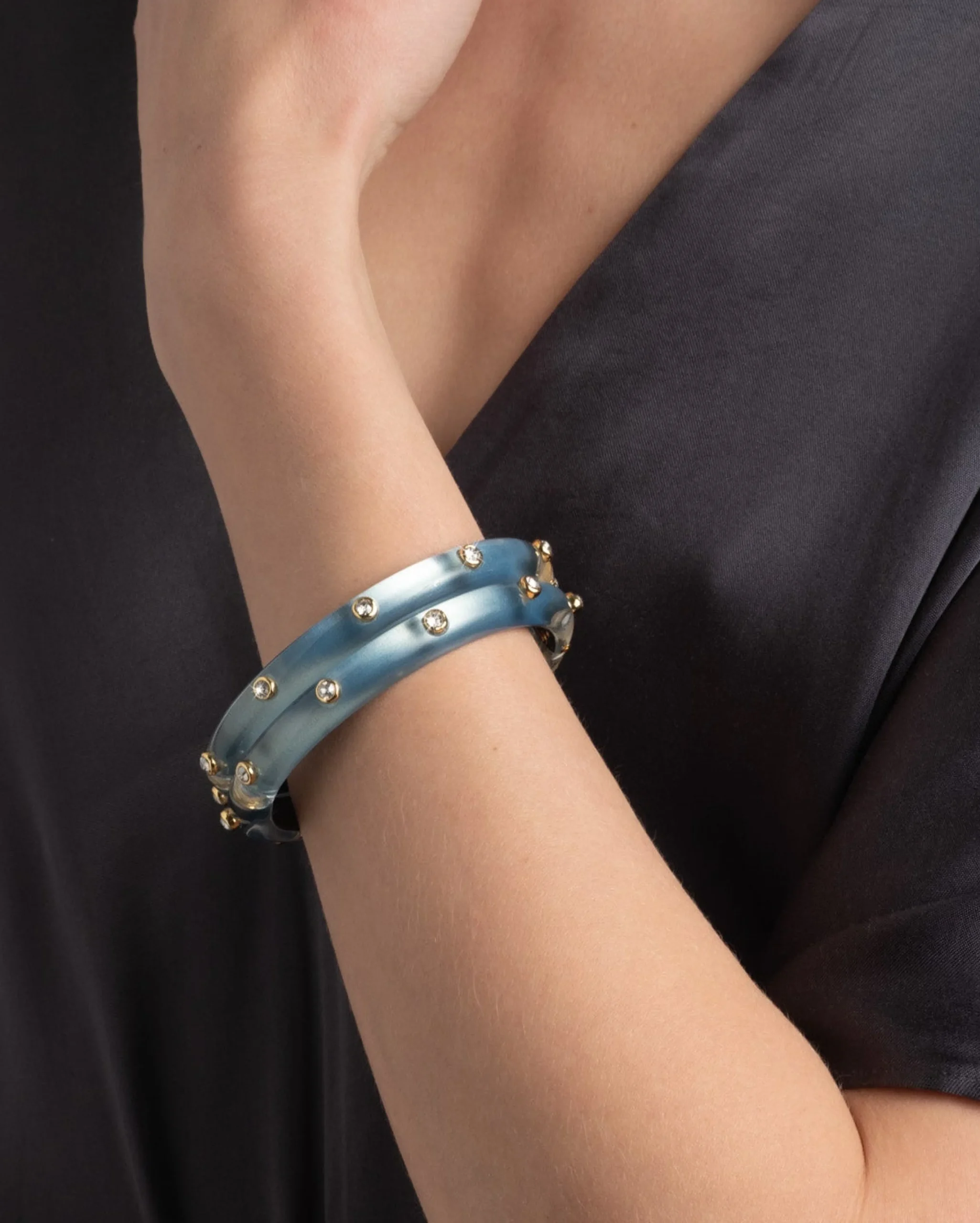 Crystal Studded Lucite Hinge Bracelet- Metallic Sky