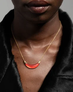 Gold Capped Crescent Lucite Necklace- Lipstick Red