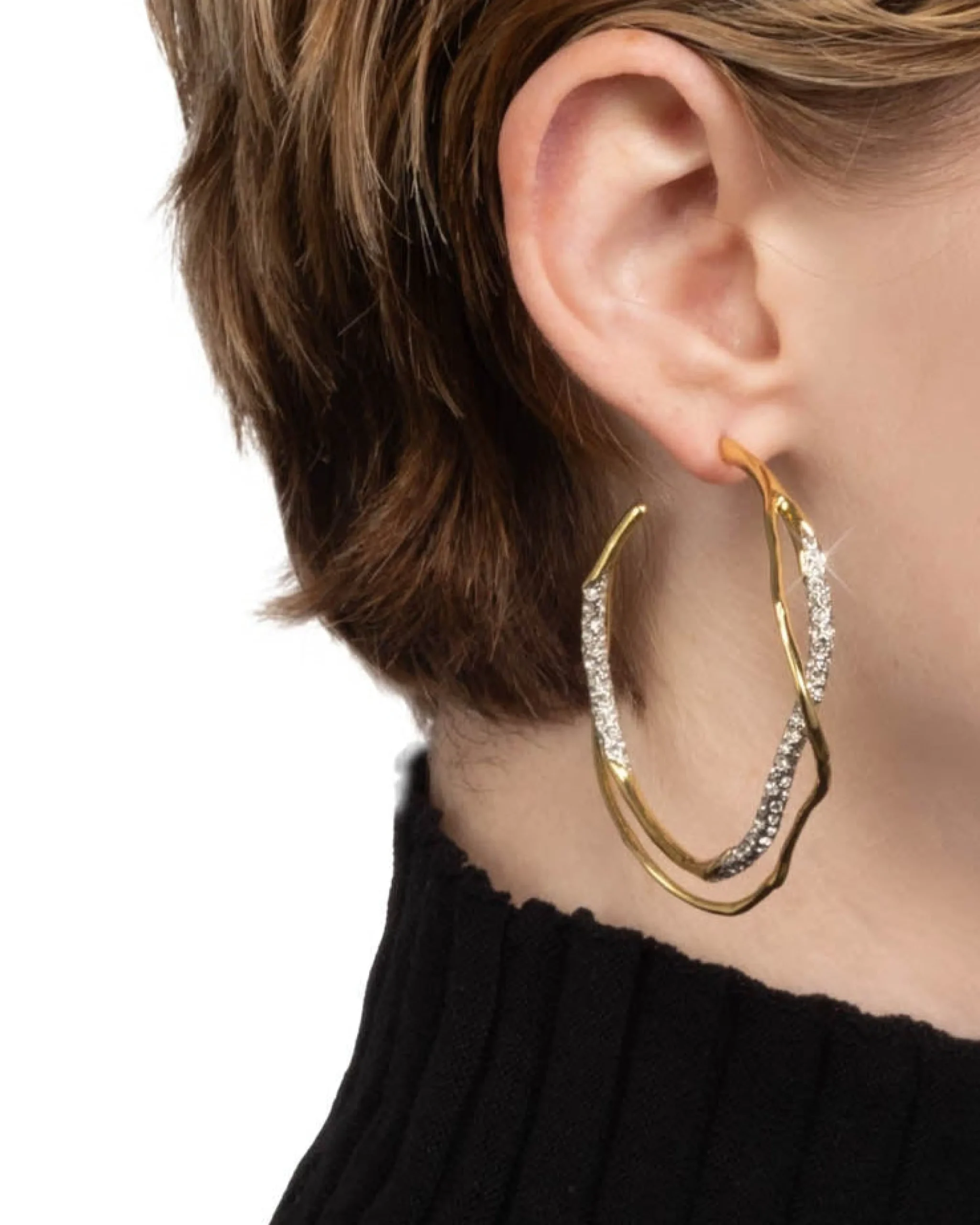Intertwined Gold Two Tone Pave Hoop Earring