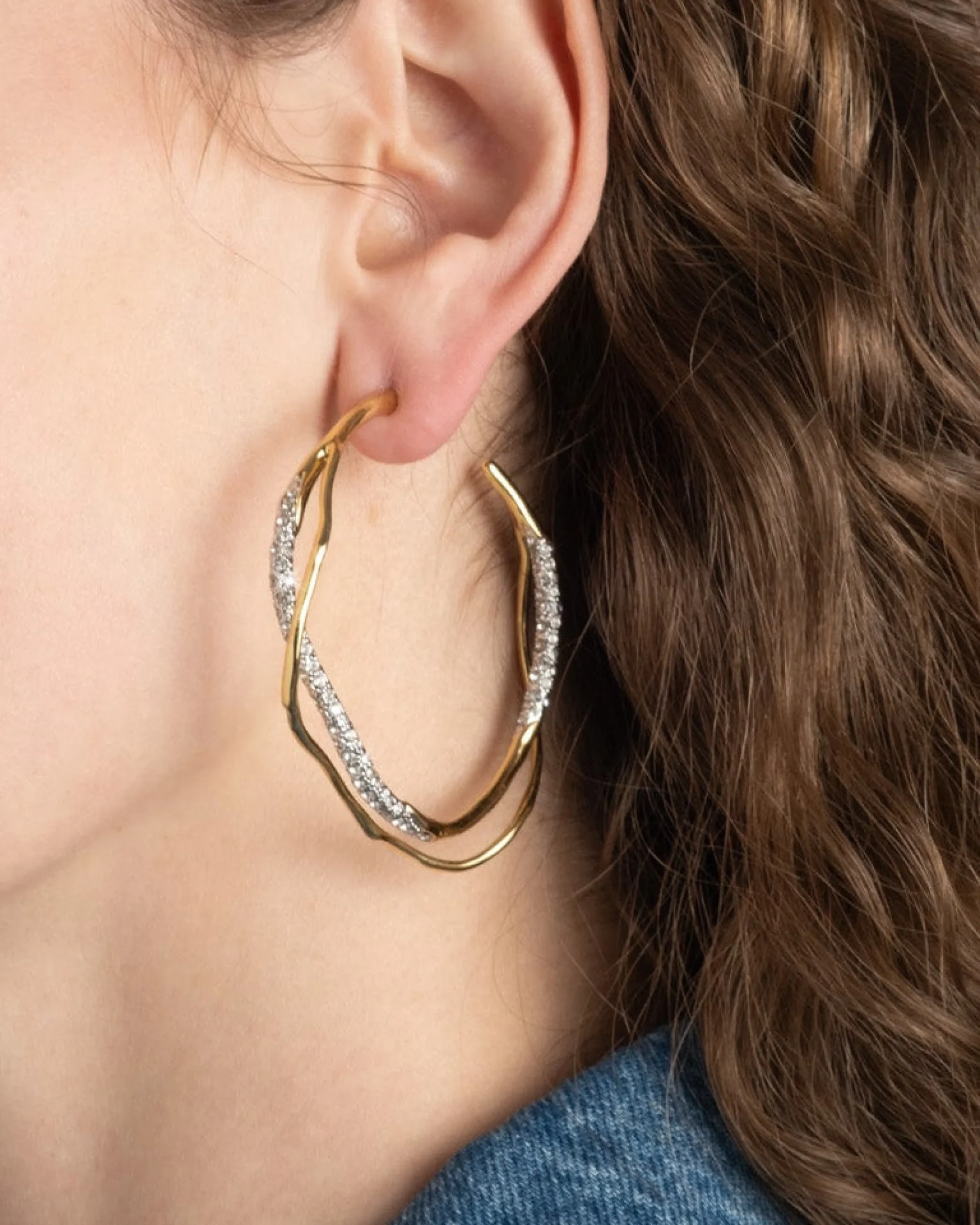 Intertwined Gold Two Tone Pave Hoop Earring
