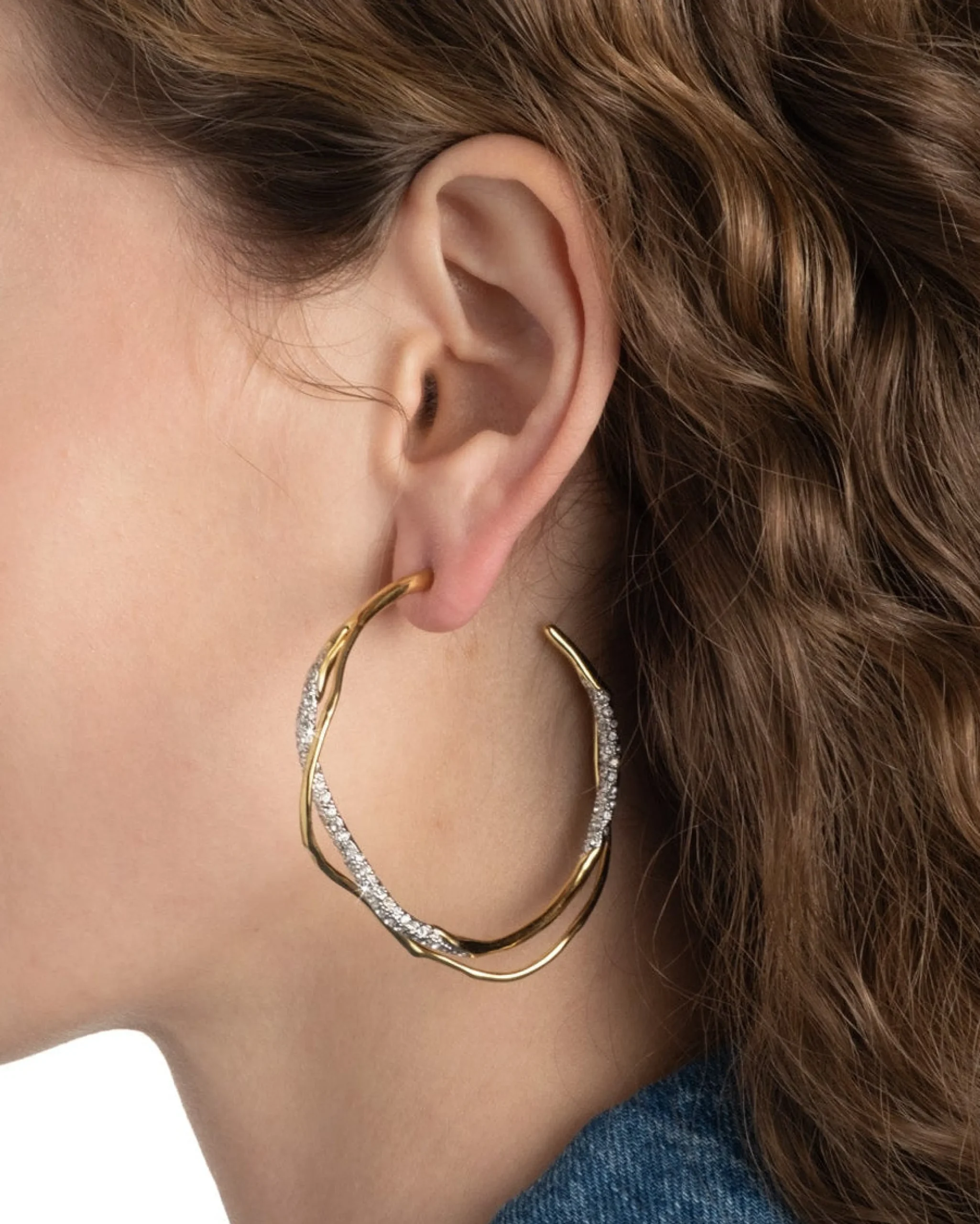 Intertwined Gold Two Tone Pave Hoop Earring