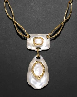 Lucite Brutalist White Mother of Pearl Doublet Necklace- Silver