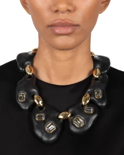 Lucite Jeweled Pebble Necklace- Black