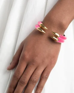 Mirrored Pyramid Lucite Brake Hinge Bracelet - Neon Pink