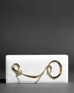 Twisted Gold Side Handle Clutch Purse- White