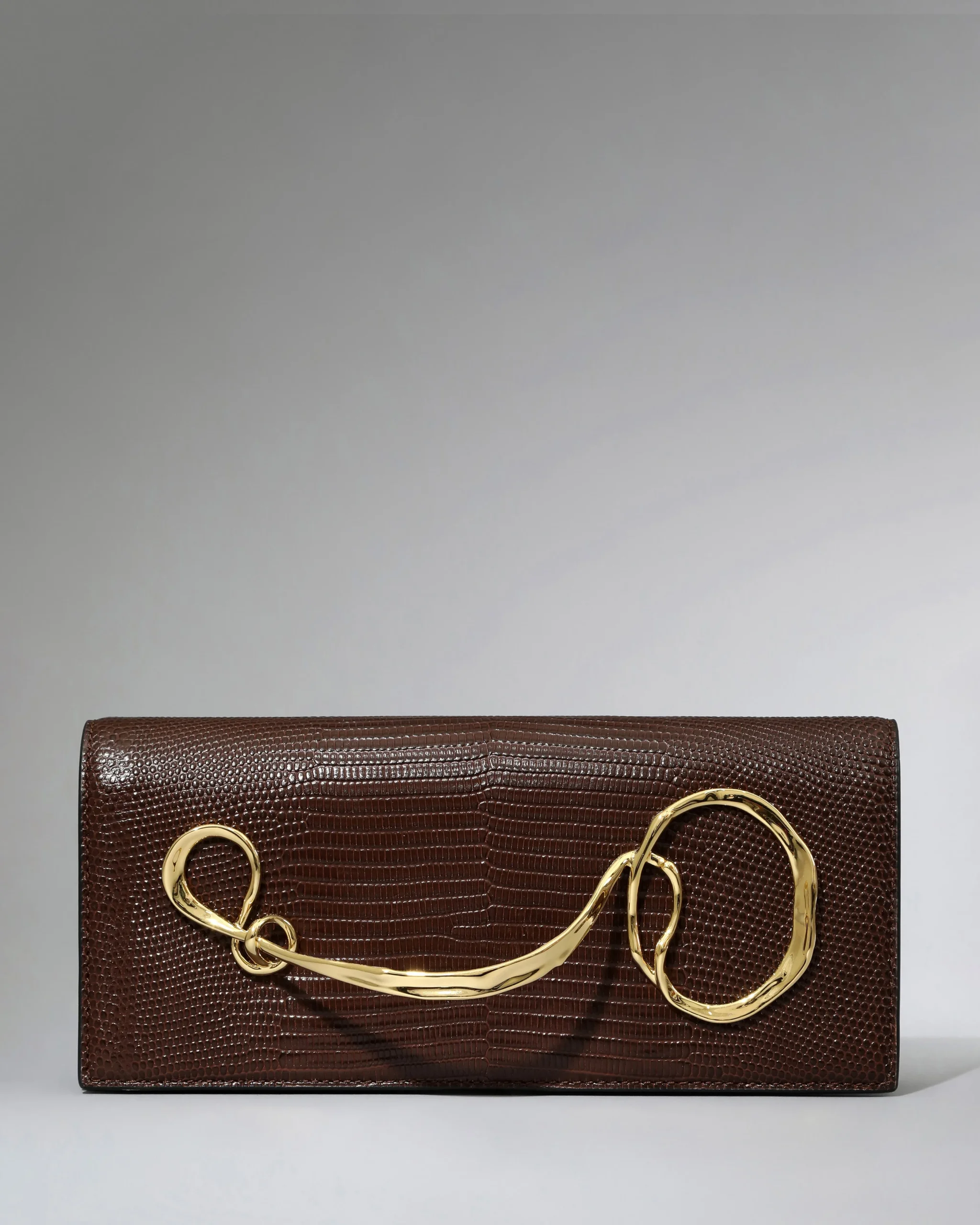 Twisted Gold Side Handle Clutch- Chocolate