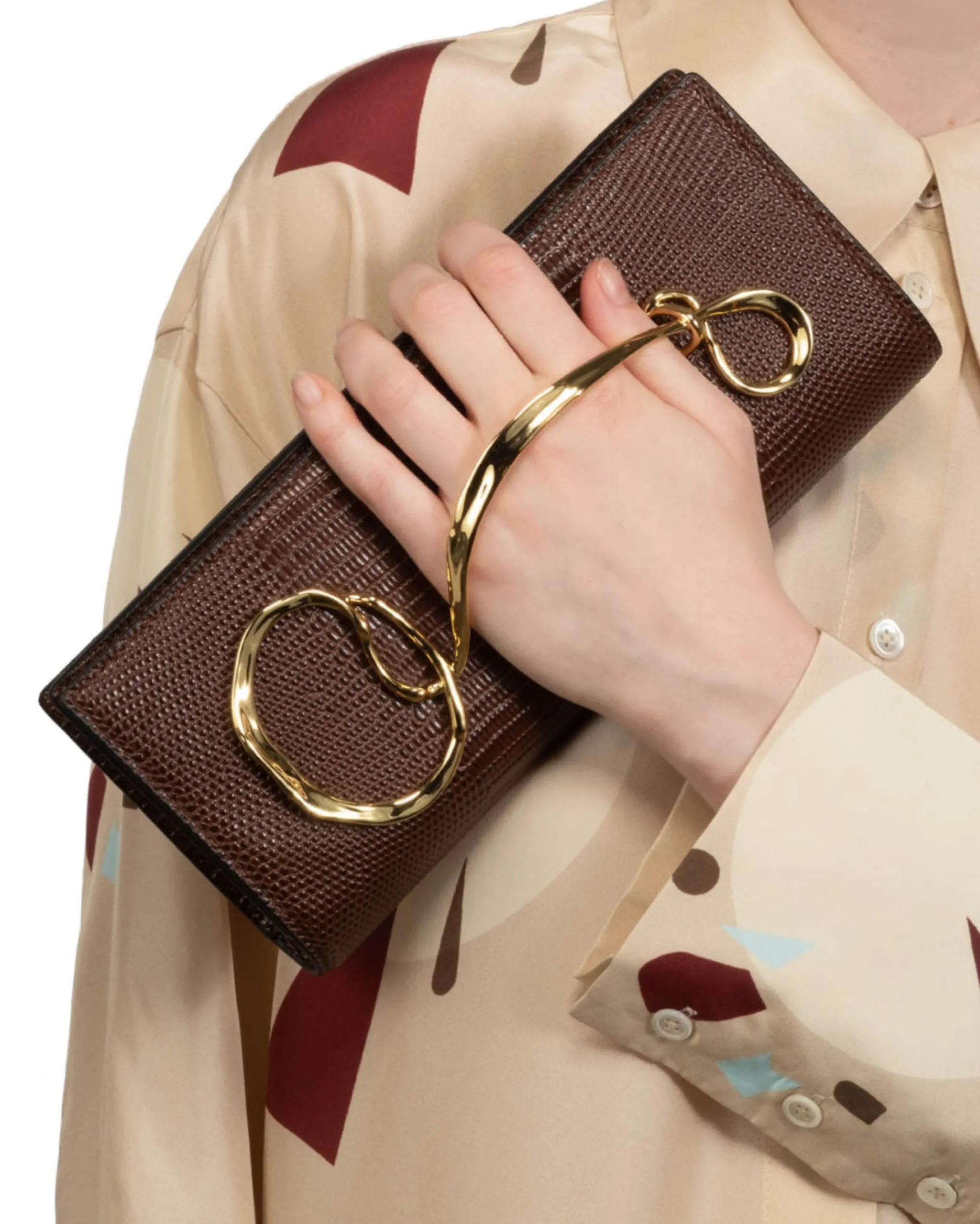 Twisted Gold Side Handle Clutch- Chocolate