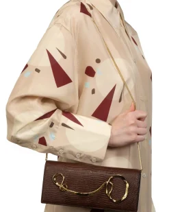 Twisted Gold Side Handle Clutch- Chocolate