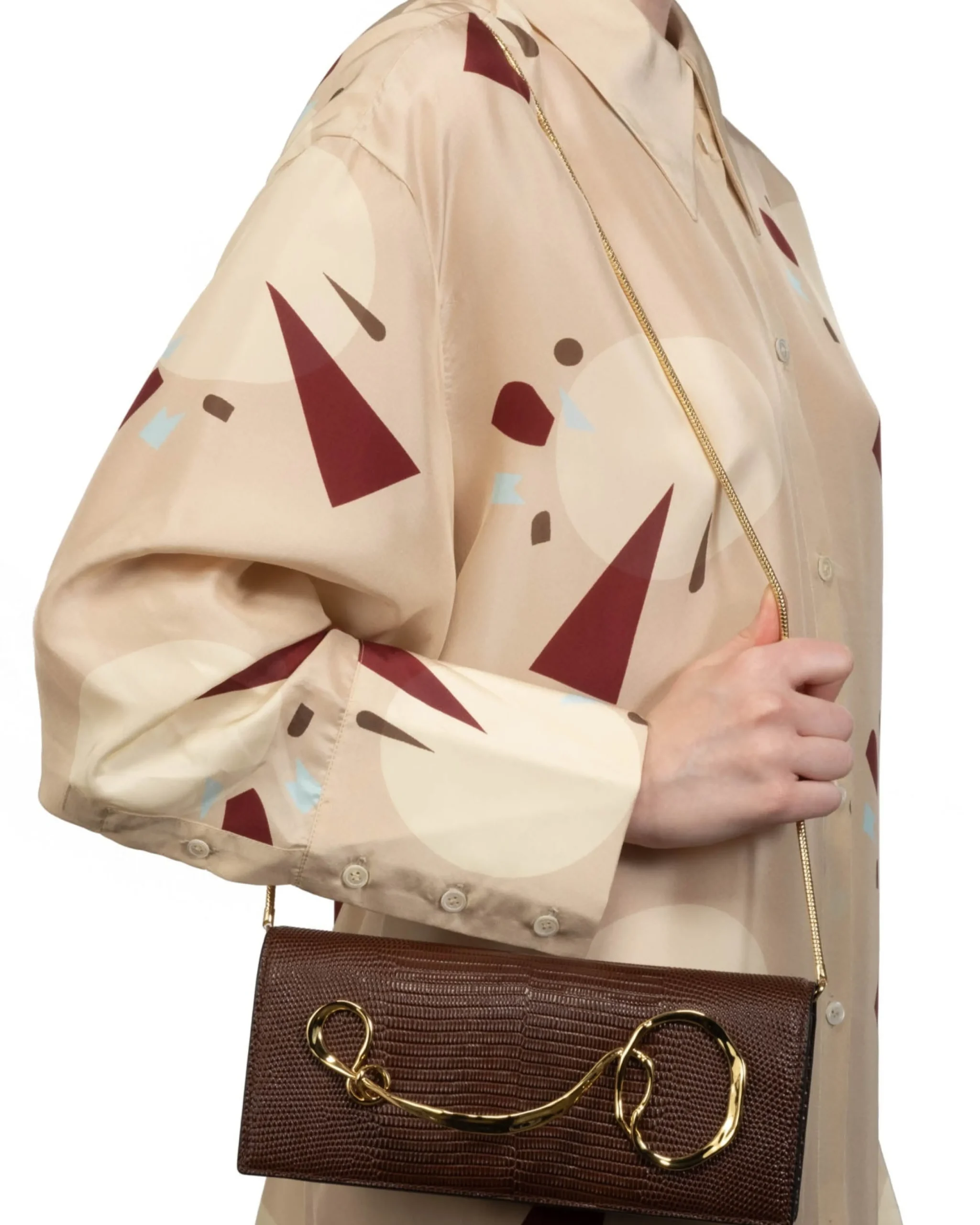 Twisted Gold Side Handle Clutch- Chocolate