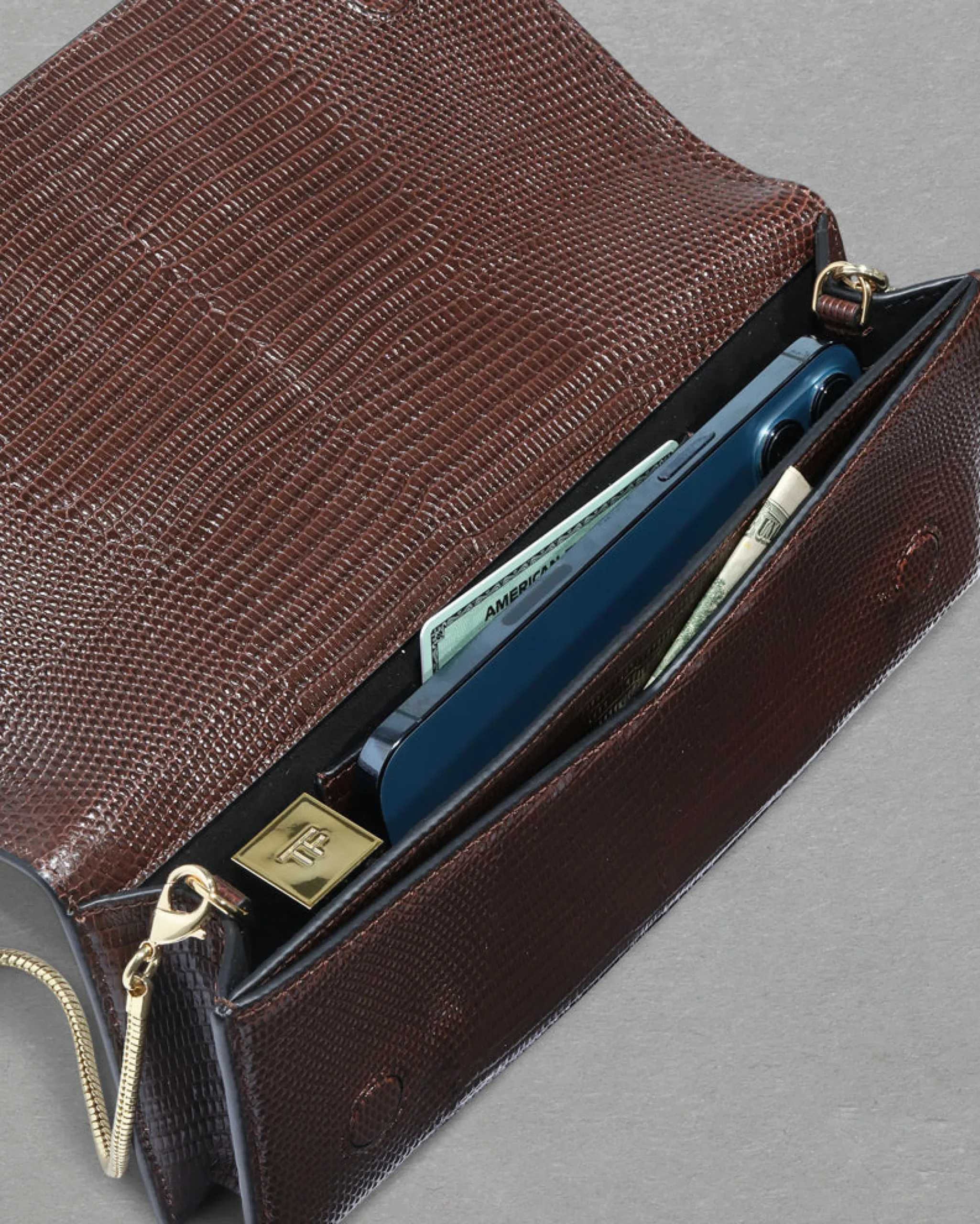 Twisted Gold Side Handle Clutch- Chocolate