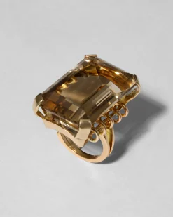 Vintage 1950s 14k Gold Emerald Cut Citrine Cocktail Ring