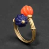 Vintage 1940s 18k Gold Spitzen & Furman Coral & Lapis Bypass Ring