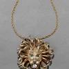 Vintage 1960s 14k Gold Washed Sterling Silver Lion Pendant Necklace with Jade Eyes