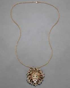 Vintage 1960s 14k Gold Washed Sterling Silver Lion Pendant Necklace with Jade Eyes