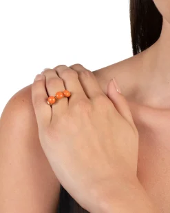 Vintage 1960s 10k Gold with Coral Cabachon Trio Ring