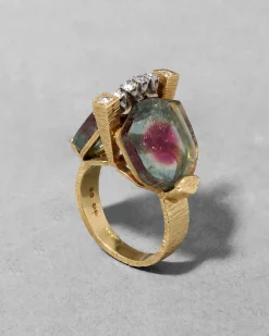 Vintage 1970s 18k Gold with Watermelon Tourmaline & Diamond Brutalist RIng