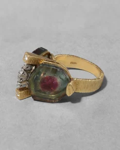 Vintage 1970s 18k Gold with Watermelon Tourmaline & Diamond Brutalist RIng
