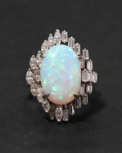 Vintage 1950s 18k White Gold with Natural Opal & Baguette & Marquis Diamond Halo Modernist Design Ring